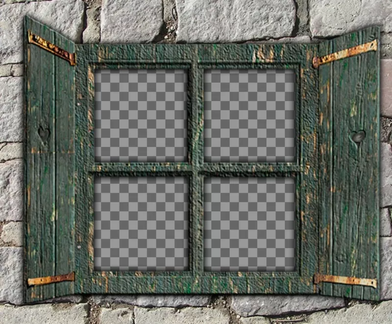 Khung ảnh cửa sổ gỗ màu xanh lá cây trên một bức tường đá cho 4 ảnh..