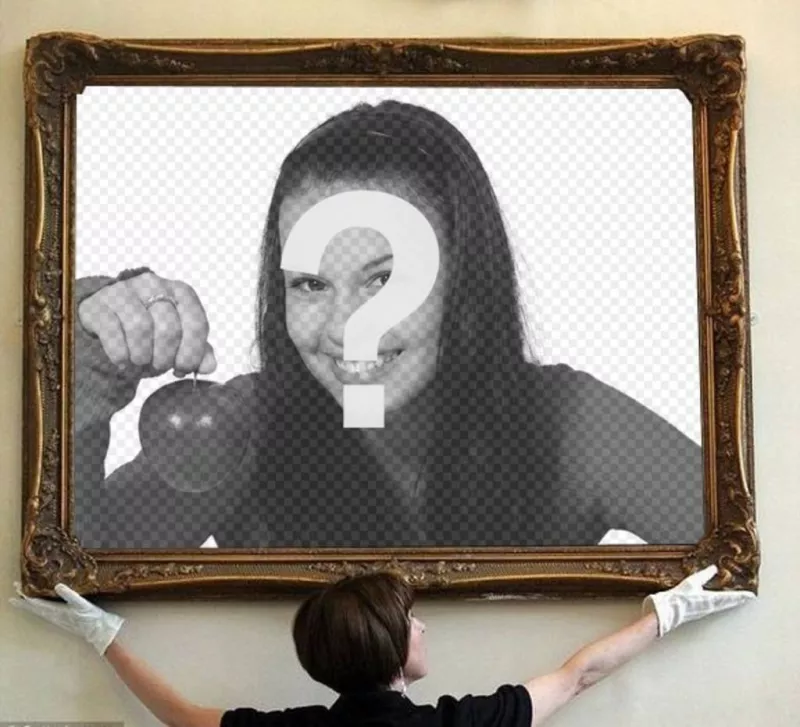 Đưa ảnh của bạn vào tranh bảo tàng Với ảnh chụp này, trong đó một người phụ nữ đeo găng tay trắng sẽ đặt khung trang nhã vào nơi ảnh của bạn sẽ..