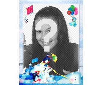 Khung ảnh gấu và chim cánh cụt đang tổ chức tiệc ở cực bắc